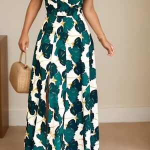 i Tropical Green Leaf Maxi Dress